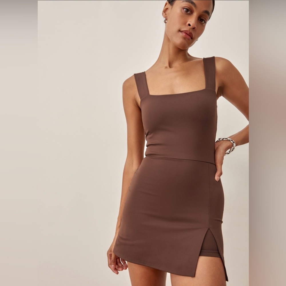 🎾Reformation Daria Ecomove Active Dress Cafe Brown Size Medium Square Neck Mini